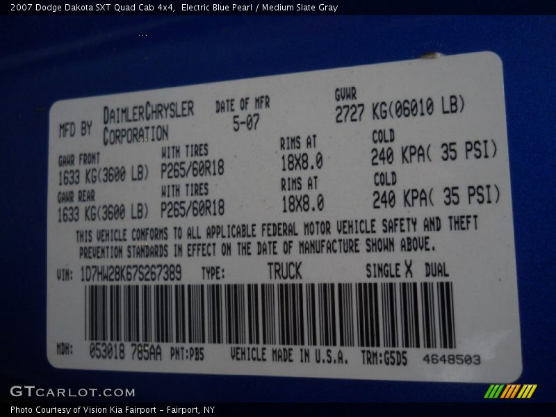2007 Dakota SXT Quad Cab 4x4 Electric Blue Pearl Color Code PB5
