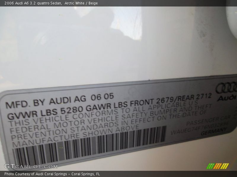 Arctic White / Beige 2006 Audi A6 3.2 quattro Sedan