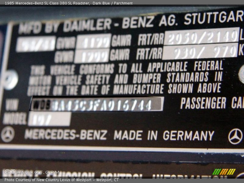 Info Tag of 1985 SL Class 380 SL Roadster