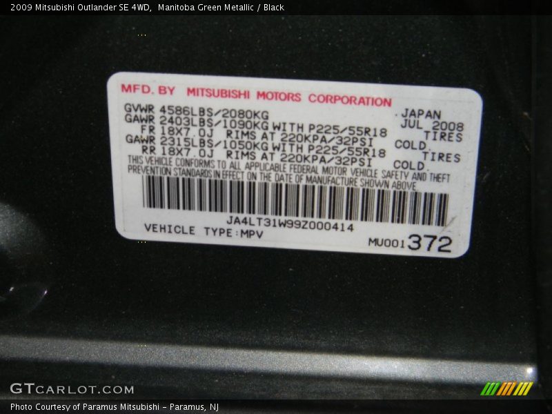 Manitoba Green Metallic / Black 2009 Mitsubishi Outlander SE 4WD