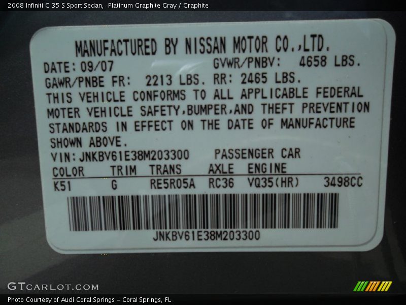 2008 G 35 S Sport Sedan Platinum Graphite Gray Color Code K51