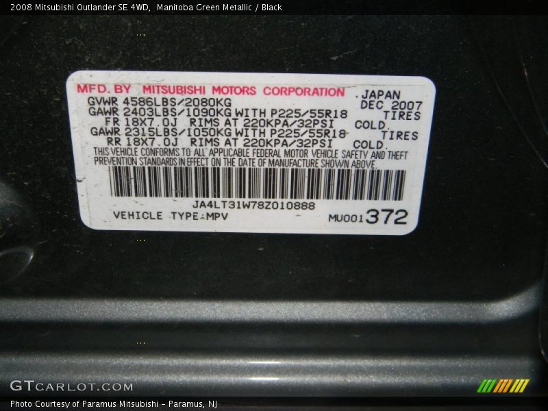 Manitoba Green Metallic / Black 2008 Mitsubishi Outlander SE 4WD