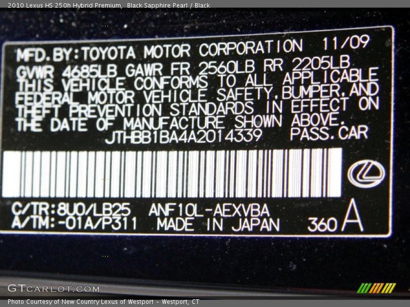 2010 HS 250h Hybrid Premium Black Sapphire Pearl Color Code 8U0
