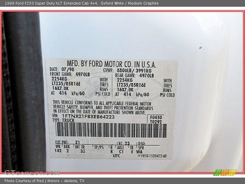 Oxford White / Medium Graphite 1999 Ford F250 Super Duty XLT Extended Cab 4x4