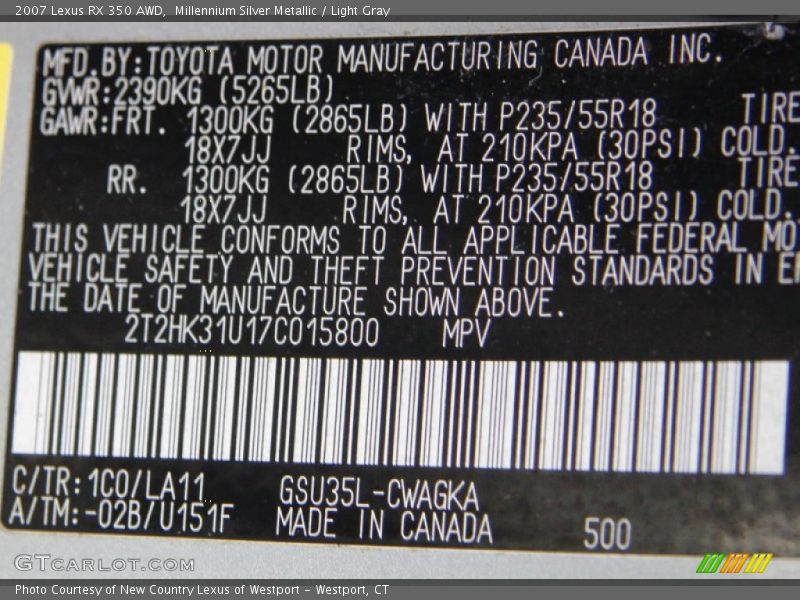 Millennium Silver Metallic / Light Gray 2007 Lexus RX 350 AWD