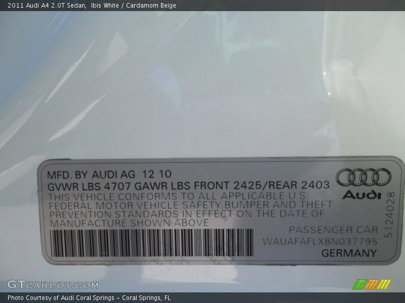 Ibis White / Cardamom Beige 2011 Audi A4 2.0T Sedan