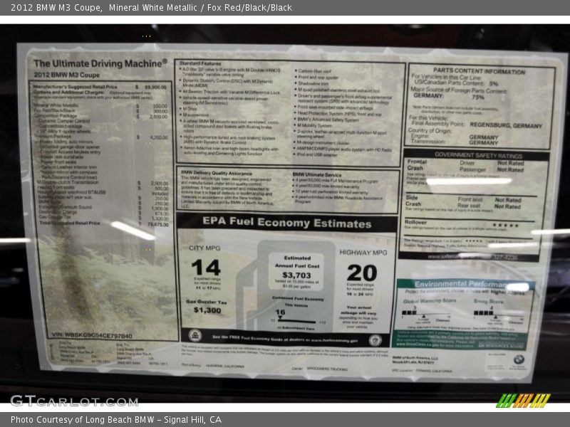  2012 M3 Coupe Window Sticker