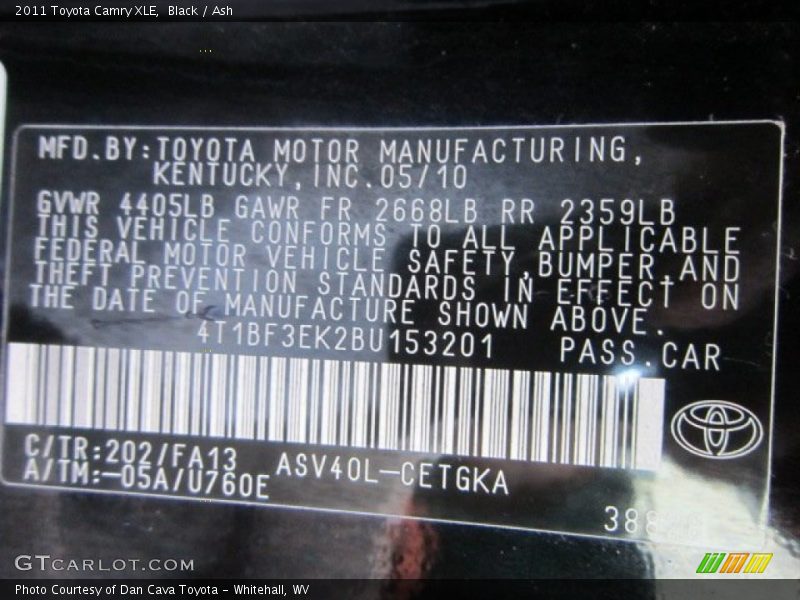 2011 Camry XLE Black Color Code 202