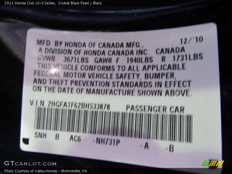 Crystal Black Pearl / Black 2011 Honda Civic LX-S Sedan
