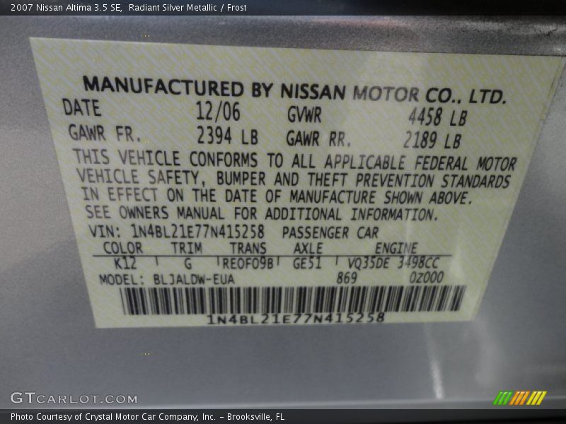 Radiant Silver Metallic / Frost 2007 Nissan Altima 3.5 SE