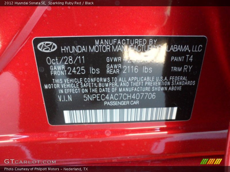 Sparkling Ruby Red / Black 2012 Hyundai Sonata SE