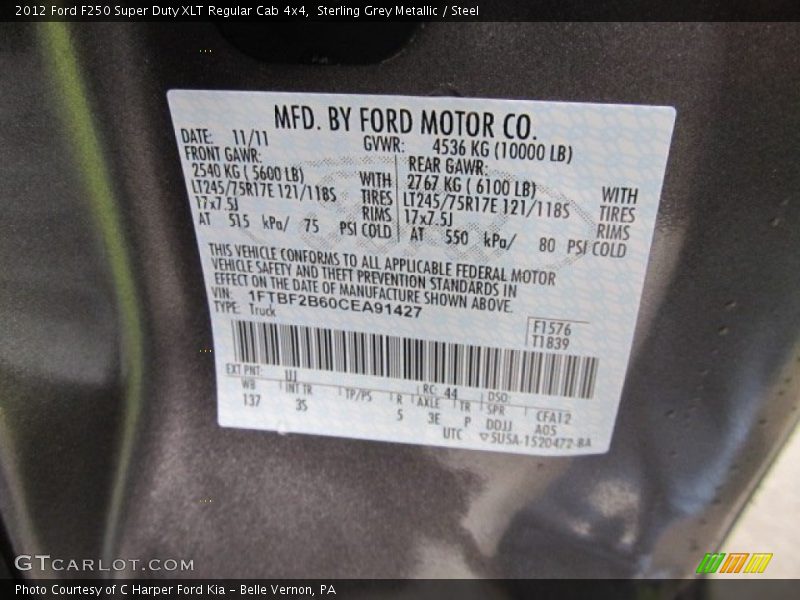 2012 F250 Super Duty XLT Regular Cab 4x4 Sterling Grey Metallic Color Code UJ