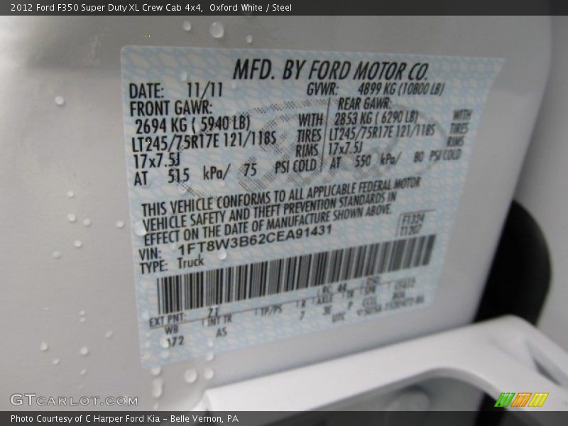 2012 F350 Super Duty XL Crew Cab 4x4 Oxford White Color Code Z1