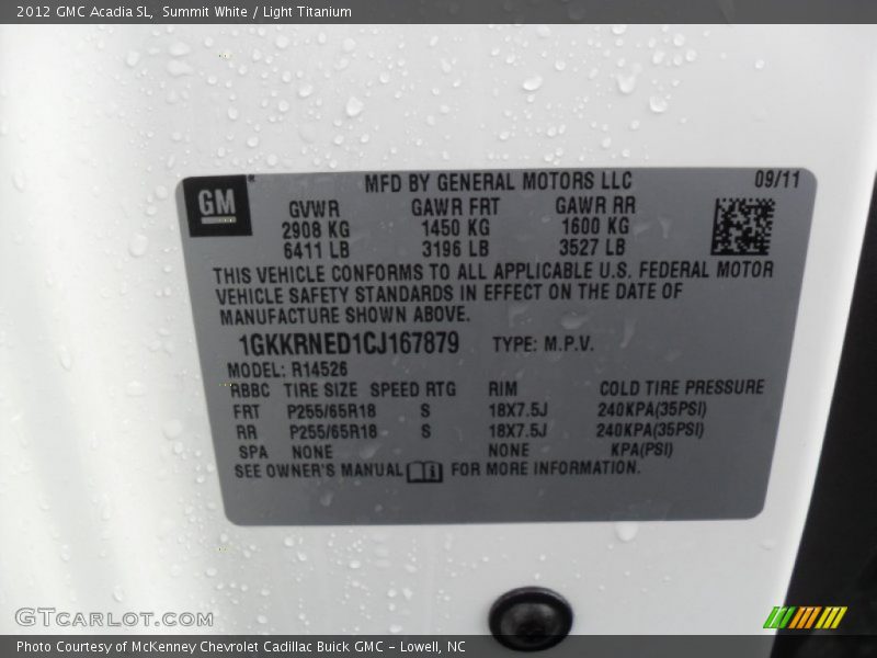 Summit White / Light Titanium 2012 GMC Acadia SL