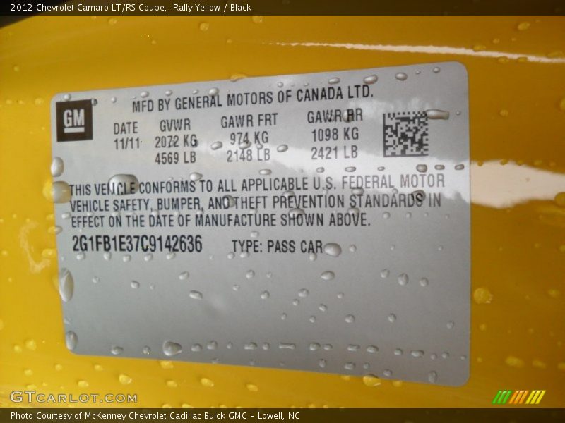 Rally Yellow / Black 2012 Chevrolet Camaro LT/RS Coupe
