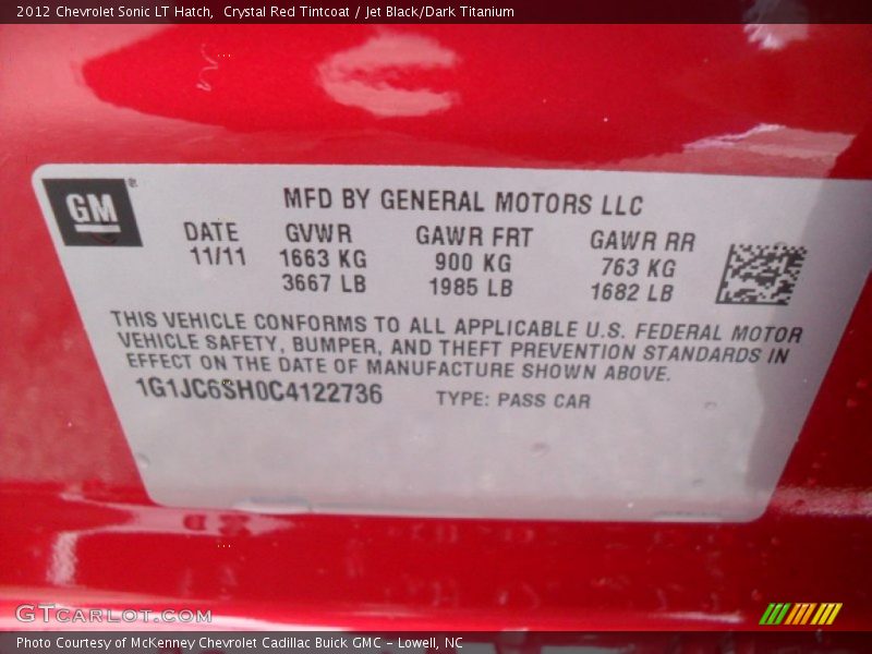 Crystal Red Tintcoat / Jet Black/Dark Titanium 2012 Chevrolet Sonic LT Hatch