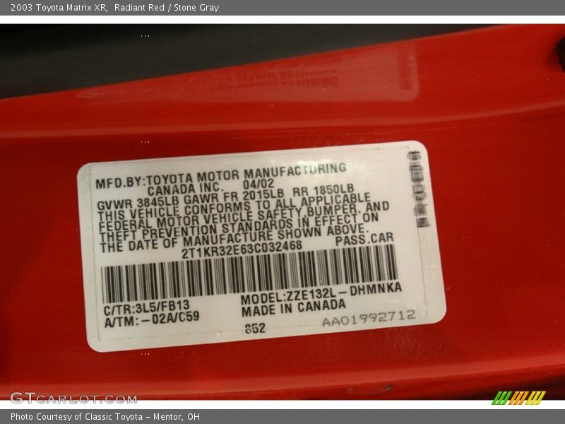 2003 Matrix XR Radiant Red Color Code 3L5