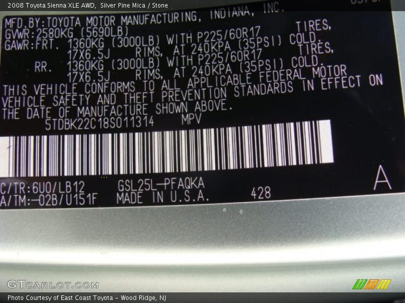 2008 Sienna XLE AWD Silver Pine Mica Color Code 6U0
