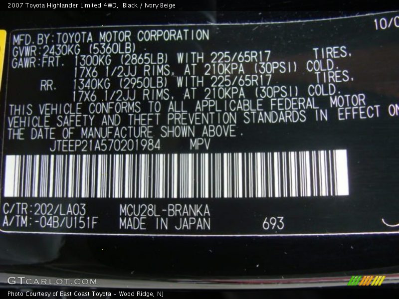 2007 Highlander Limited 4WD Black Color Code 202