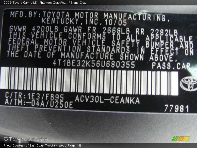 2006 Camry LE Phantom Gray Pearl Color Code 1E3