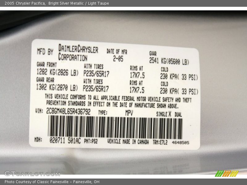 2005 Pacifica  Bright Silver Metallic Color Code PS2