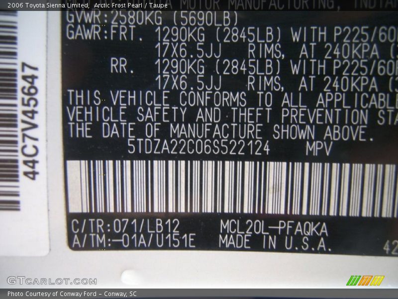 2006 Sienna Limited Arctic Frost Pearl Color Code 071