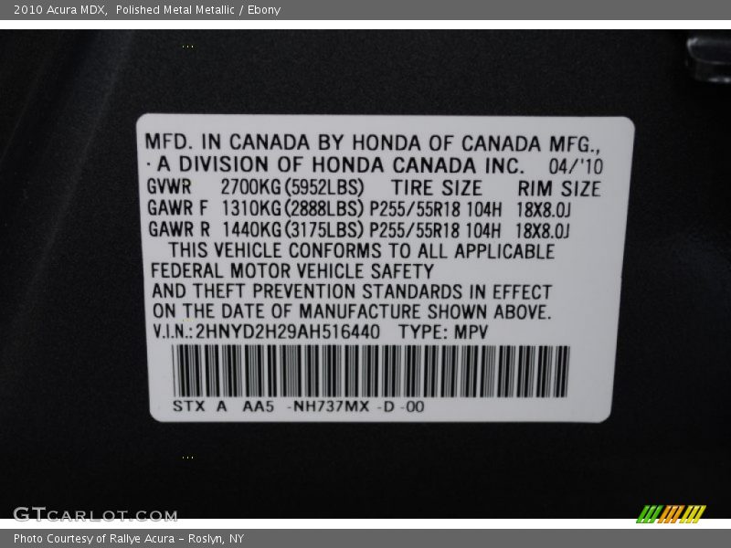2010 MDX  Polished Metal Metallic Color Code NH737