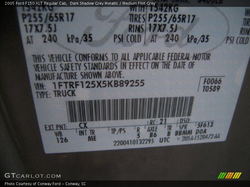 2005 F150 XLT Regular Cab Dark Shadow Grey Metallic Color Code CX