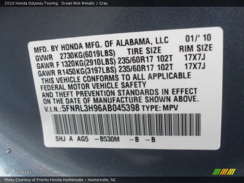 Ocean Mist Metallic / Gray 2010 Honda Odyssey Touring