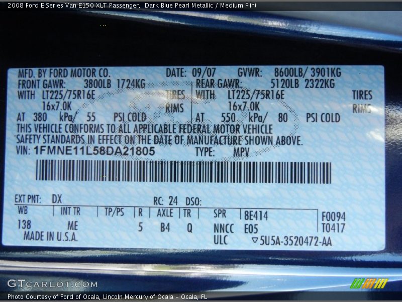 2008 E Series Van E150 XLT Passenger Dark Blue Pearl Metallic Color Code DX