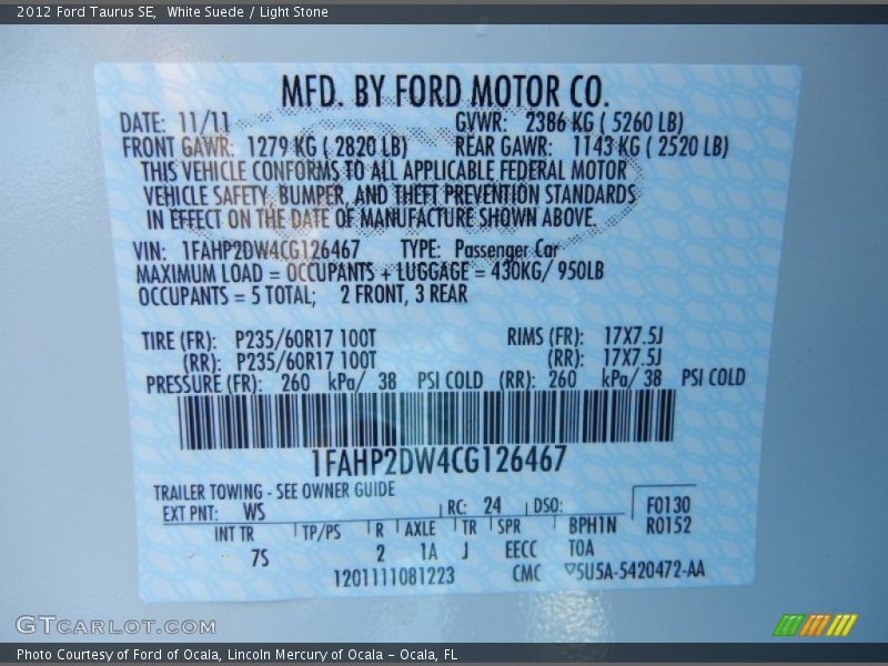 2012 Taurus SE White Suede Color Code WS