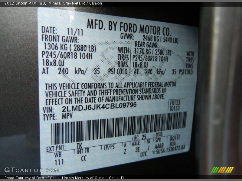 2012 MKX FWD Mineral Gray Metallic Color Code TK