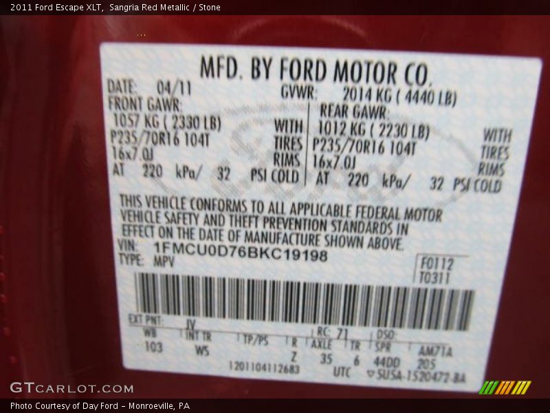 Sangria Red Metallic / Stone 2011 Ford Escape XLT