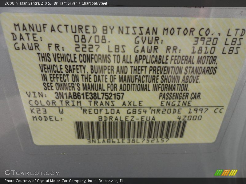 Brilliant Silver / Charcoal/Steel 2008 Nissan Sentra 2.0 S