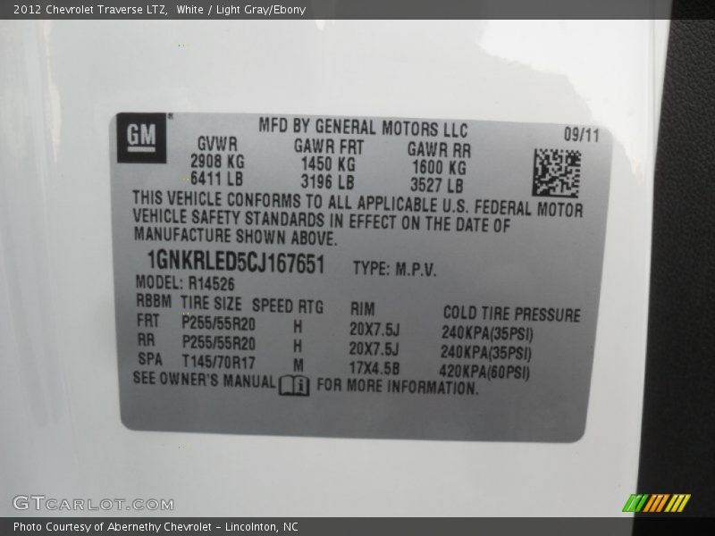 White / Light Gray/Ebony 2012 Chevrolet Traverse LTZ