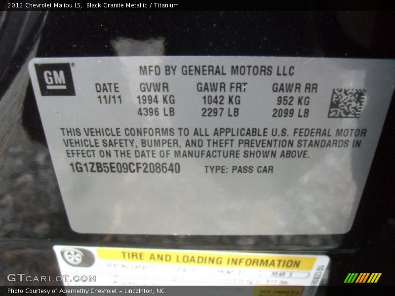 Black Granite Metallic / Titanium 2012 Chevrolet Malibu LS