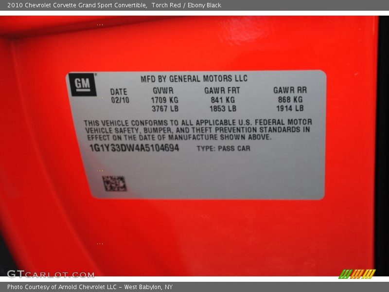 Info Tag of 2010 Corvette Grand Sport Convertible