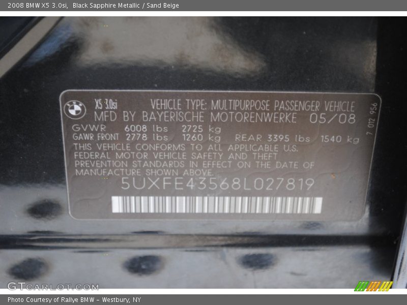 Black Sapphire Metallic / Sand Beige 2008 BMW X5 3.0si