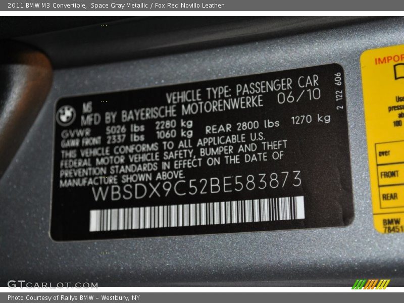 Info Tag of 2011 M3 Convertible