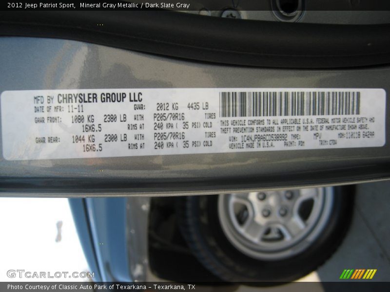 Mineral Gray Metallic / Dark Slate Gray 2012 Jeep Patriot Sport