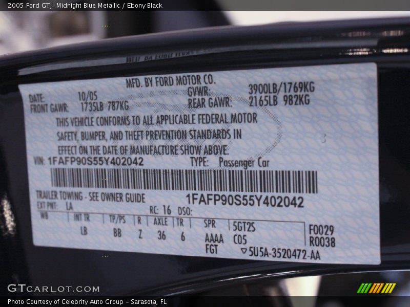 2005 GT  Midnight Blue Metallic Color Code LA