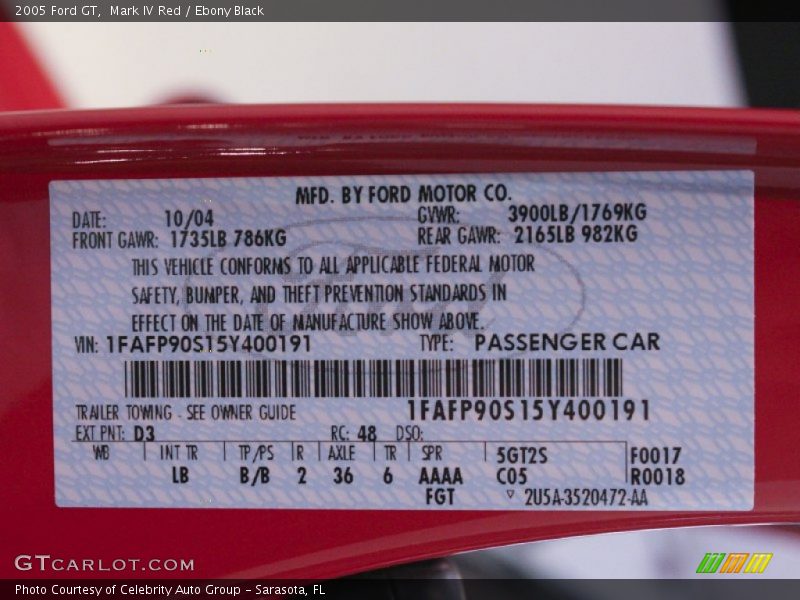 2005 GT  Mark IV Red Color Code D3