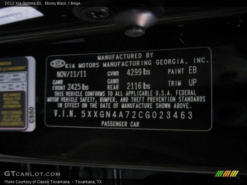 Ebony Black / Beige 2012 Kia Optima EX
