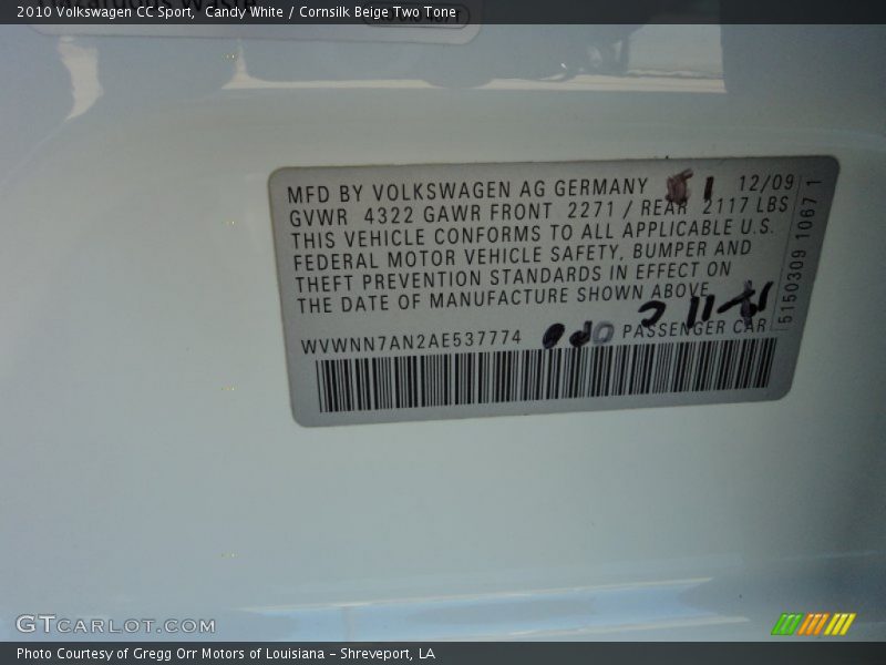 Candy White / Cornsilk Beige Two Tone 2010 Volkswagen CC Sport