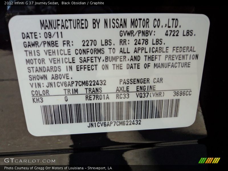 Black Obsidian / Graphite 2012 Infiniti G 37 Journey Sedan