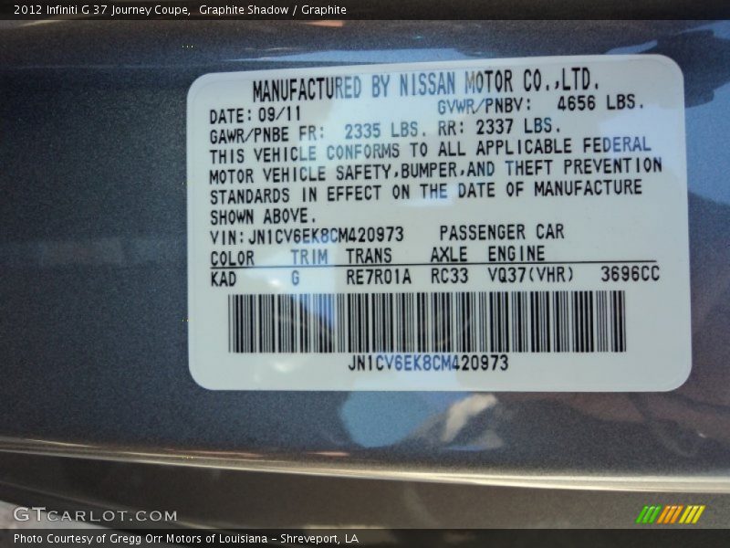 2012 G 37 Journey Coupe Graphite Shadow Color Code KAD