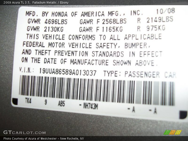 Palladium Metallic / Ebony 2009 Acura TL 3.5
