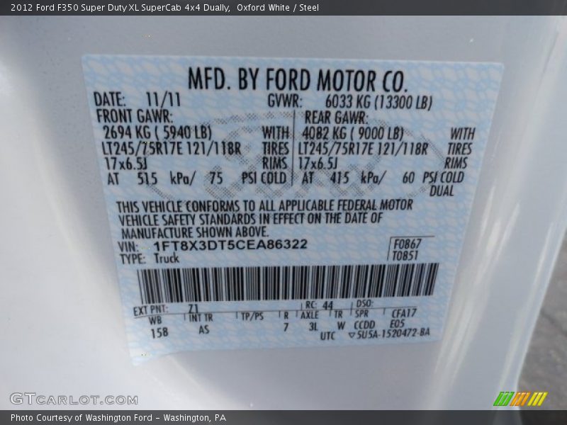 2012 F350 Super Duty XL SuperCab 4x4 Dually Oxford White Color Code Z1