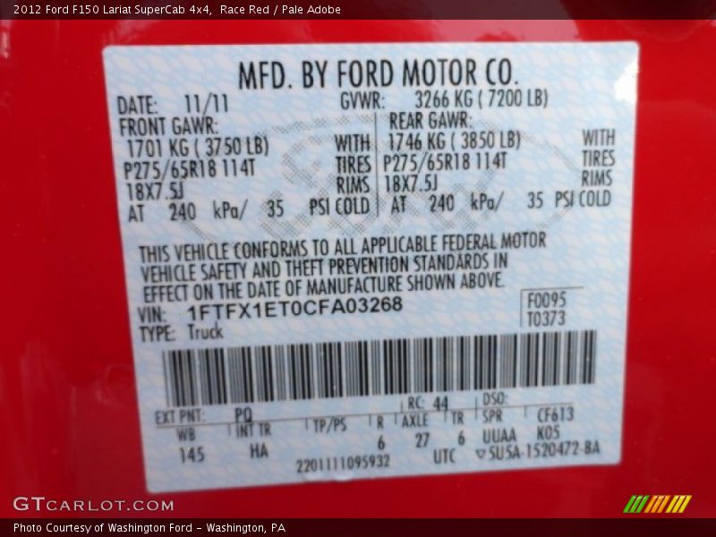 2012 F150 Lariat SuperCab 4x4 Race Red Color Code PQ