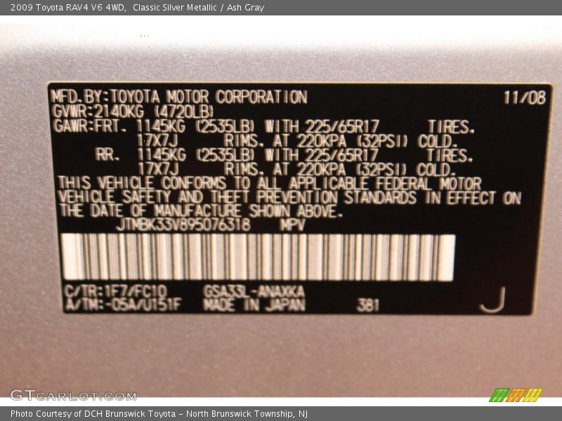 2009 RAV4 V6 4WD Classic Silver Metallic Color Code 1F7